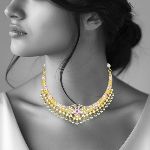 Hasli Necklace with Pink Enamel and Polki Pearls